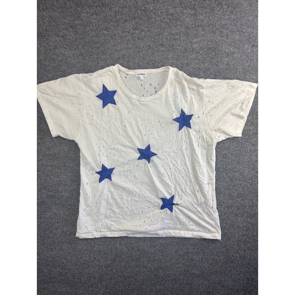 ByChance Short Sleeve T-Shirt Women's Large White Blue Lambskin Stars Distressed